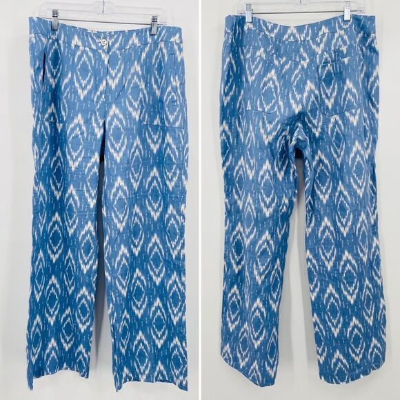 Chico's Size Medium 12 Blue & White Ikat Print Linen Wide Leg Pants - Picture 2 of 9